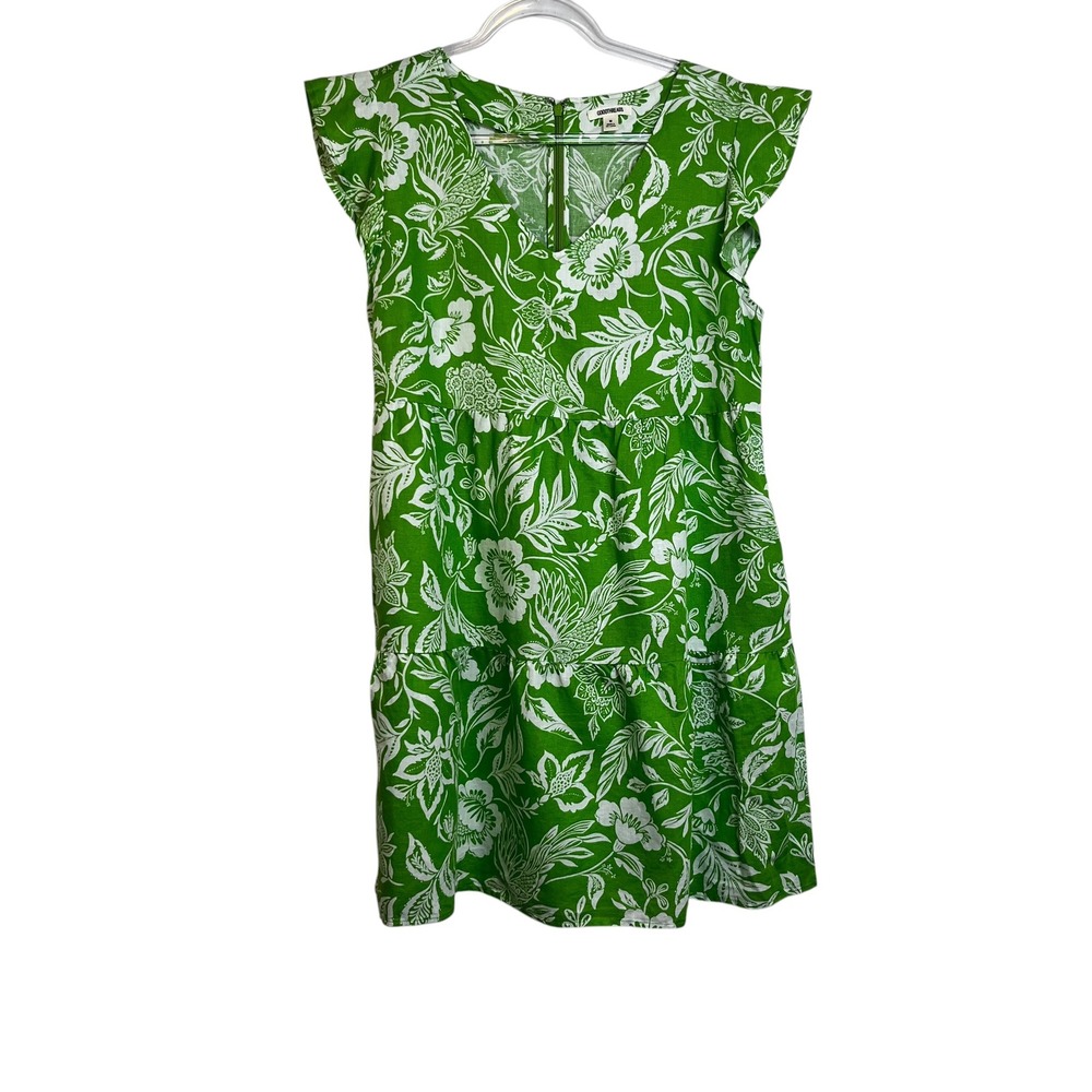 Goodthreads Green Floral Linen Blend Flutter Sleeve Tiered Mini Dress Womens M‎ - Picture 2 of 10